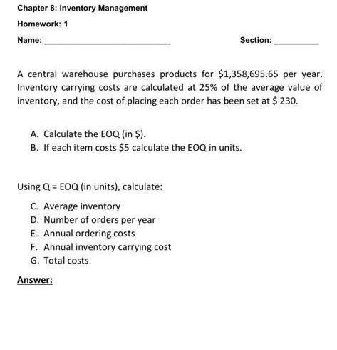 Solved Chapter 8: Inventory Management Homework: 1 Name: | Chegg.com