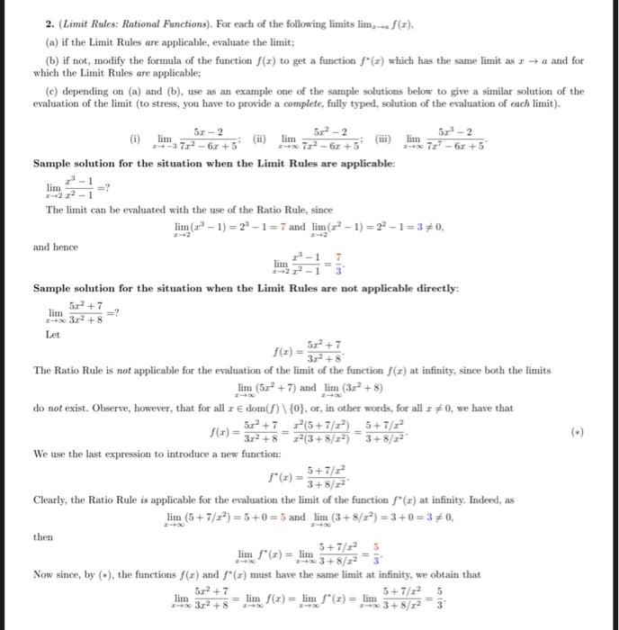 Solved 2. (Limit Rules: Rational Functions). For each of the | Chegg.com