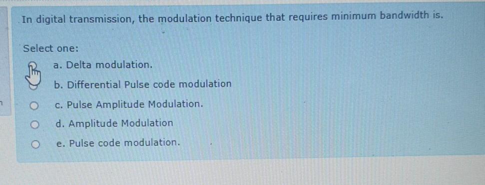Solved In digital transmission, the modulation technique | Chegg.com