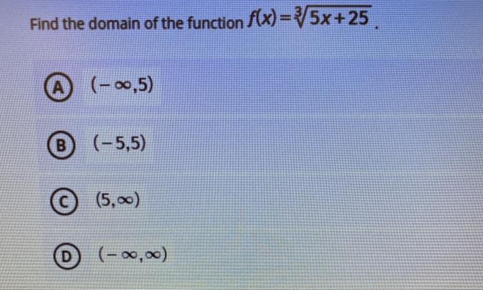 Solved Find The Domain Of The Function F X 5x 25 А 00 5