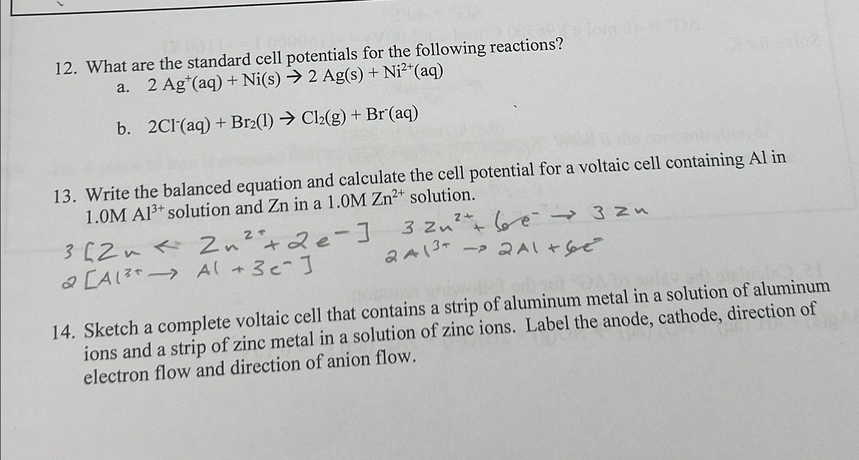 Solved What are the standard cell potentials for the | Chegg.com
