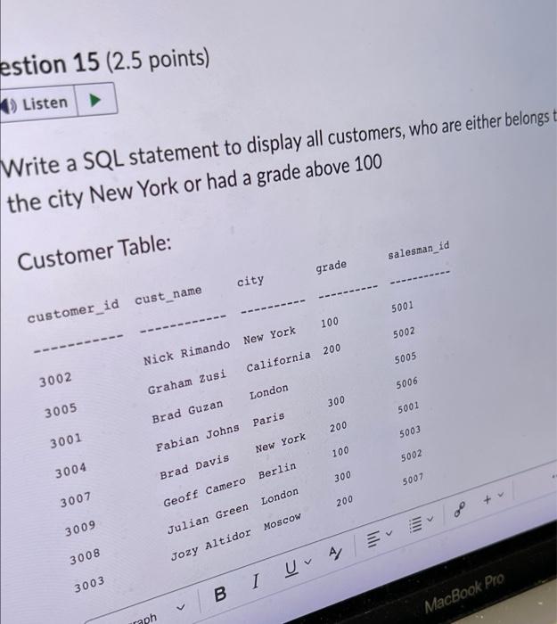 Solved estion 15 (2.5 points) Listen Write a SQL statement | Chegg.com