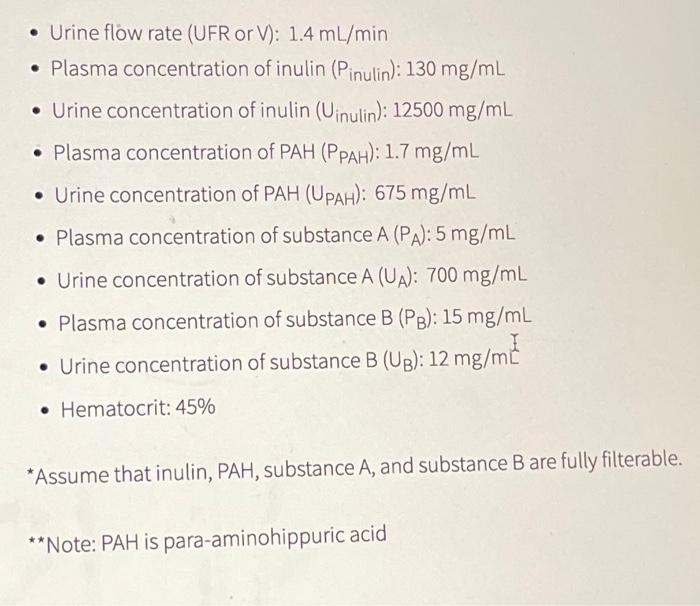 Solved - Urine flow rate (UFR or V): 1.4 mL/min - Plasma | Chegg.com
