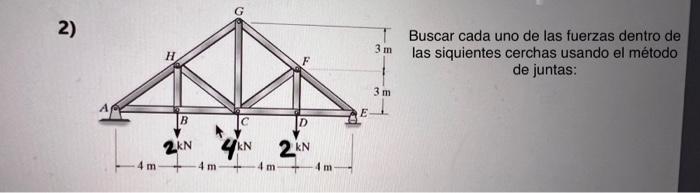 2) B 2KN с 4KN 4 m 4 m D 2KN 4m E 3m 3m Buscar cada uno de las fuerzas dentro de las siquientes cerchas usando el método de j