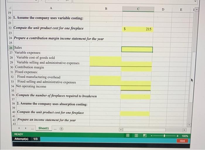 Solved Variable And Absorption Costing Using Excels Sum And 6744