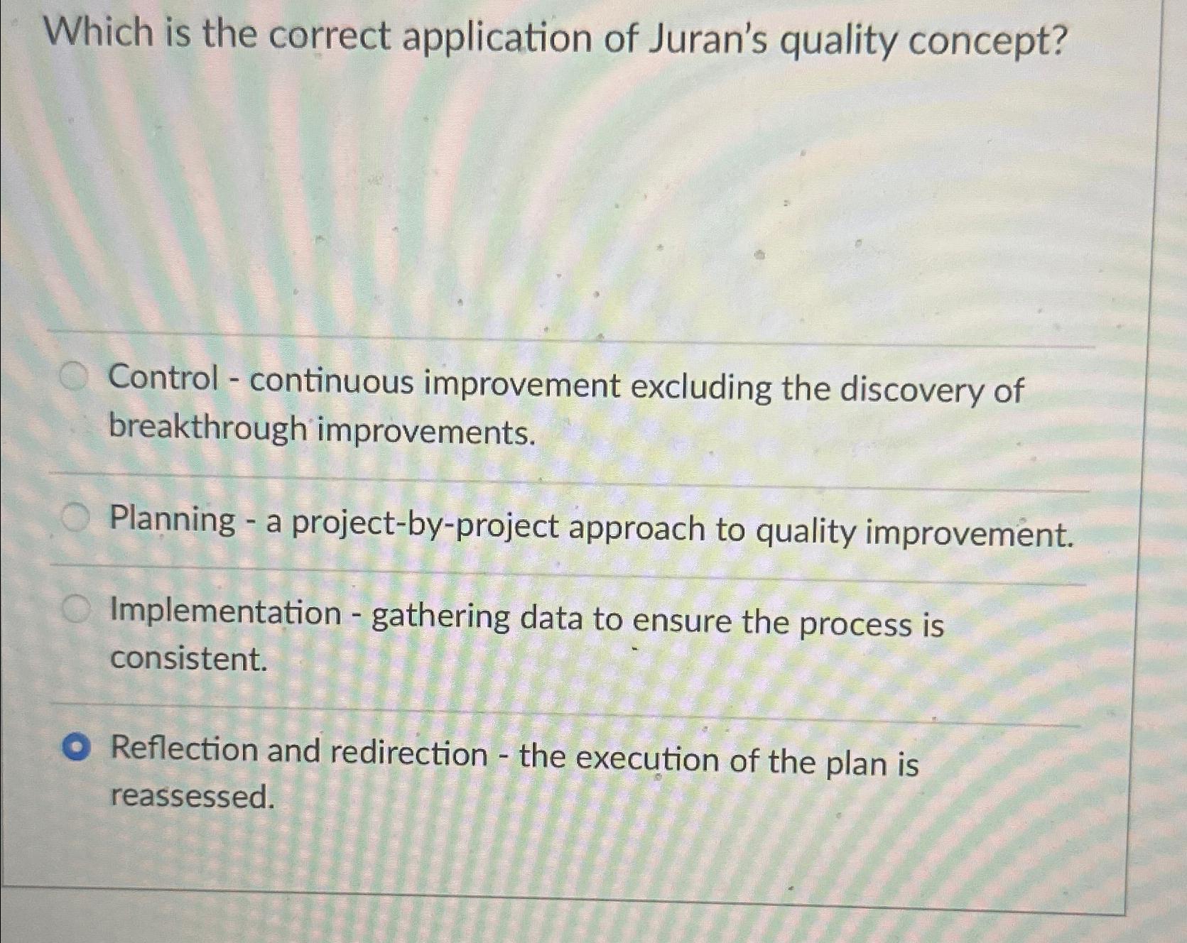 Solved Which is the correct application of Juran's quality | Chegg.com