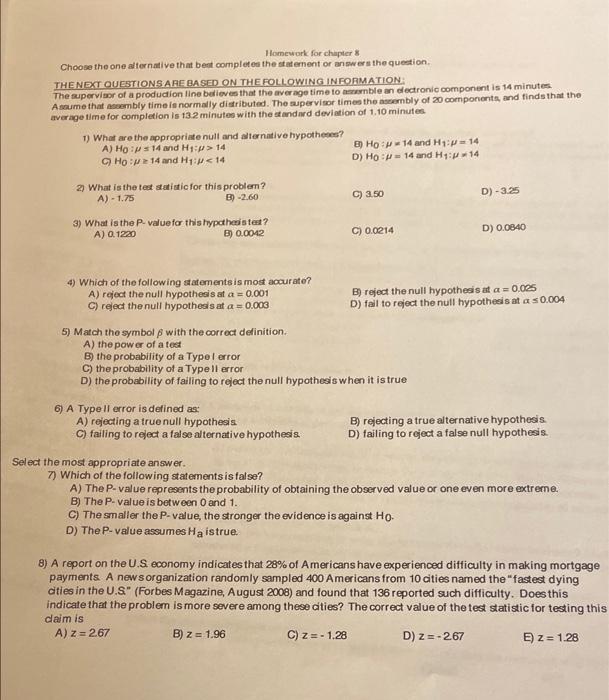 Solved Homework For Chapter 8 Choose The One Alternative | Chegg.com