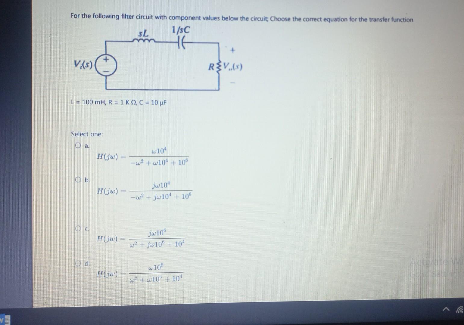 Solved For the following filter circuit with component | Chegg.com