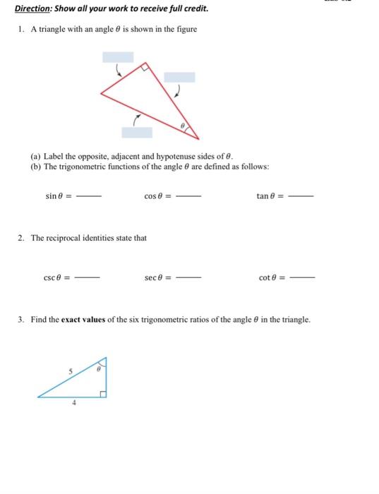 Solved 1. A triangle with an angle θ is shown in the figure | Chegg.com ...