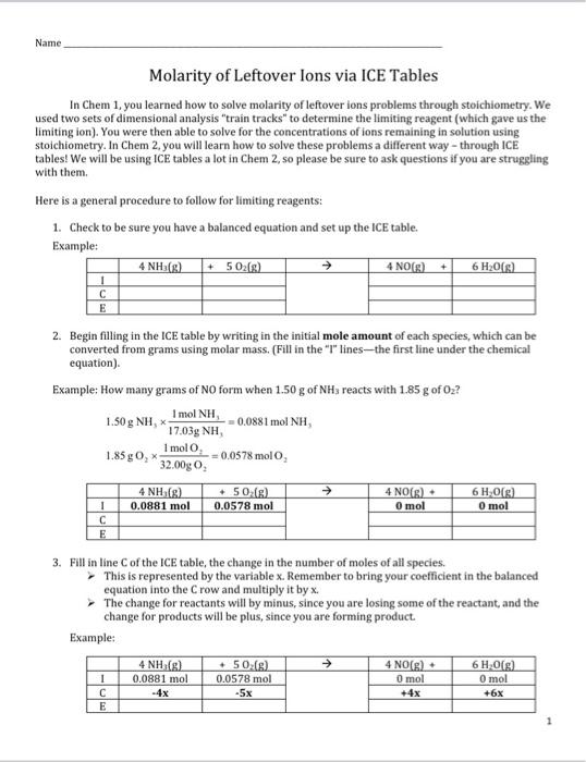 Solved Name Molarity of Leftover lons via ICE Tables In Chem