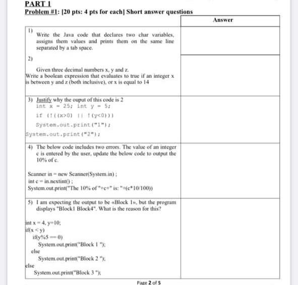 Solved PART 1 Problem #1: (20 pts: 4 pts for each Short | Chegg.com