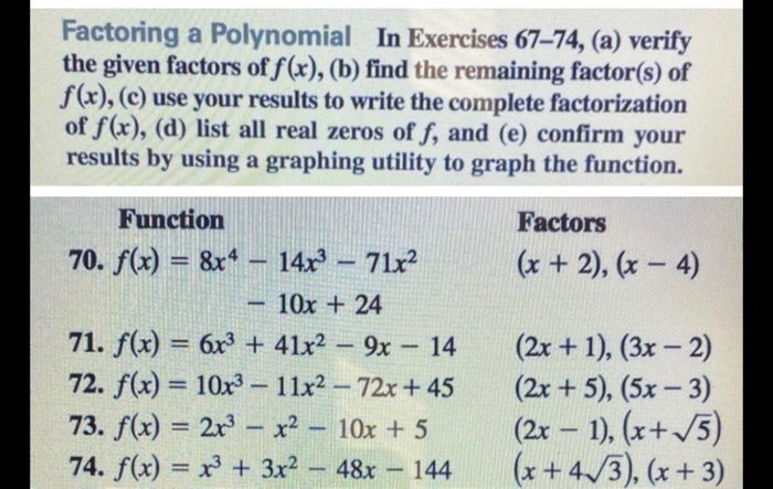 Solved Factoring A Polynomial In Exercises 67–74, (a) Verify | Chegg.com