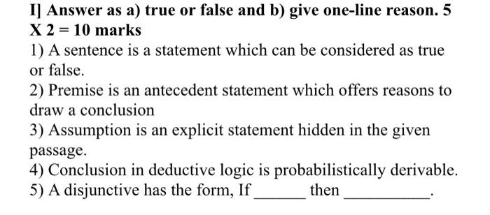 I] Answer as a) true or false and b) give one-line | Chegg.com