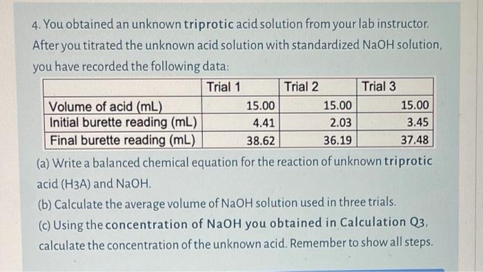 Solved 4. You obtained an unknown triprotic acid solution | Chegg.com