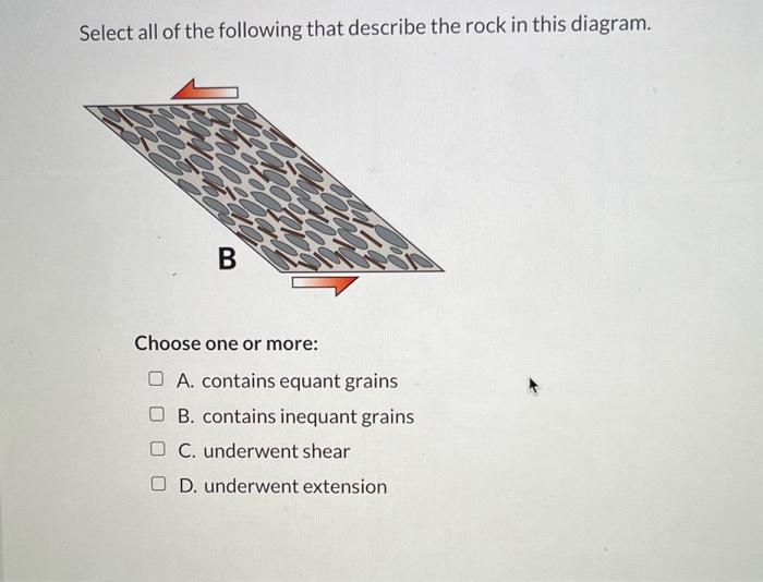 Select all of the following that describe the rock in this diagram.
Choose one or more:
A. contains equant grains
B. contains