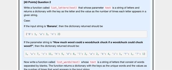 Solved Write a function called list_letters (text) that | Chegg.com