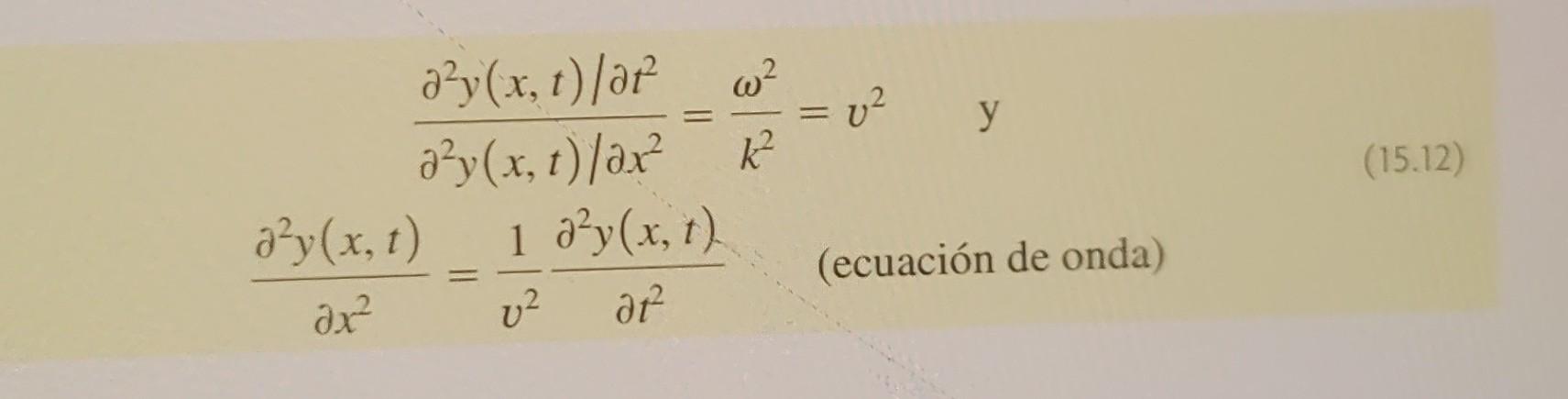 d²y(x, t)/at² a²y(x, t)/ax² = a²y (x, t) əx² 1 d²y(x, t) U² dt² w² k² v² y (ecuación de onda) = (15.12)