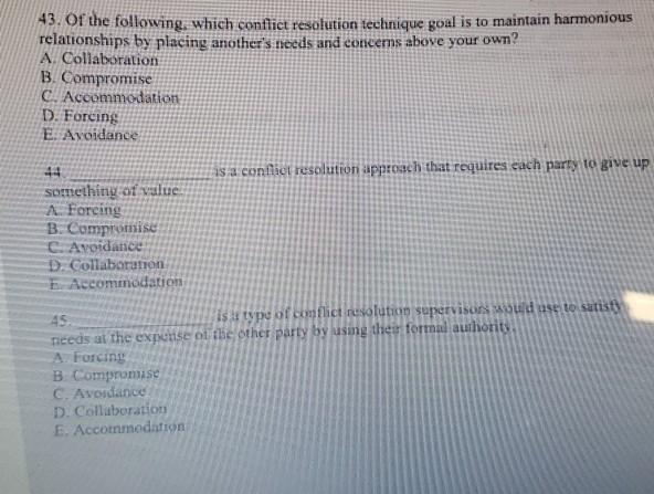 Solved of the following, which conflict resolution technique | Chegg.com