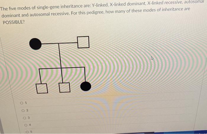 The five modes of single-gene inheritance are: \( Y \)-linked, \( X \)-linked dominant, \( X \)-linked recessive, autosomal d