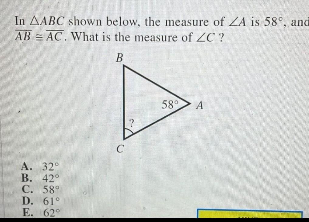 Solved In ABC shown below, the measure of ∠A is 58∘, anc | Chegg.com