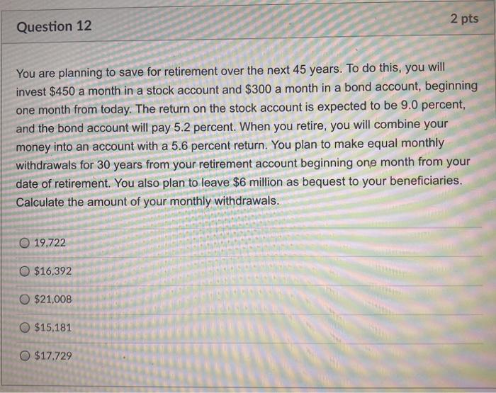 Solved 2 pts Question 12 You are planning to save for | Chegg.com