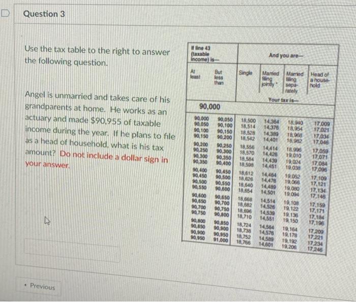 Solved D Question 3 Use the tax table to the right to answer | Chegg.com