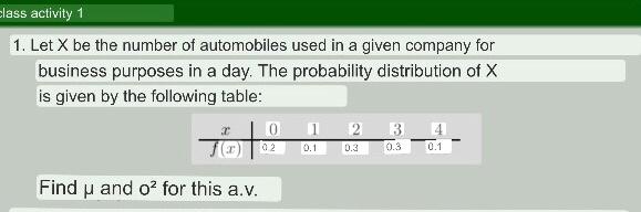 class activity 1 1. Let X be the number of automobiles used in a given company for business purposes in a day. The probabilit