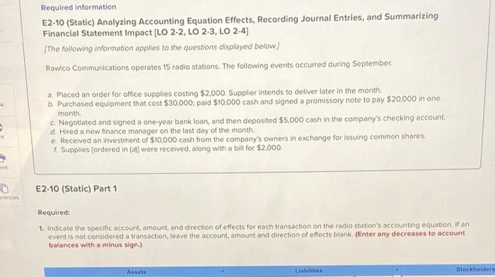 Solved Required information E2-10 (Static) Analyzing | Chegg.com