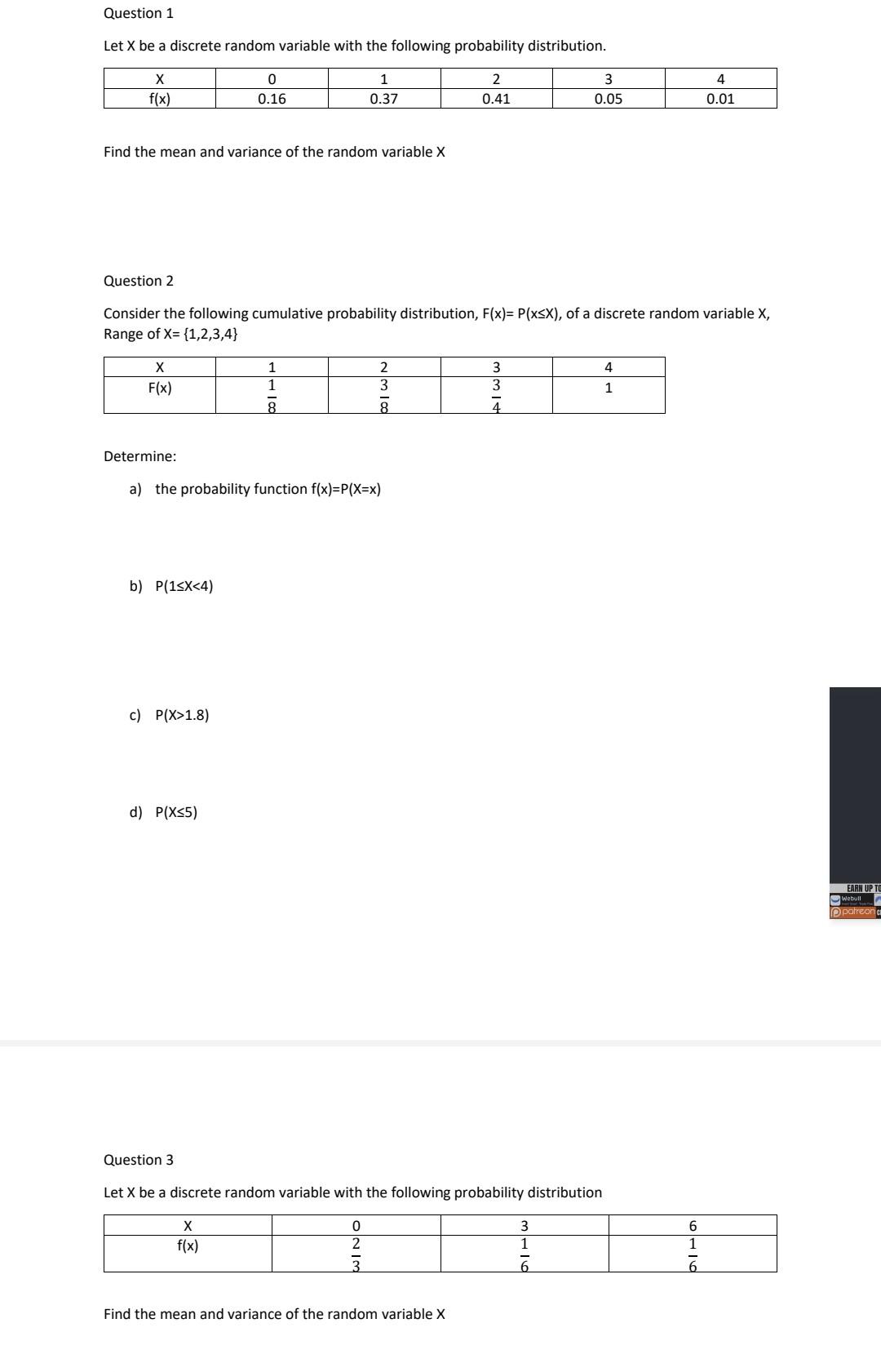 Solved Question 5 Let X be a discrete random variable with | Chegg.com