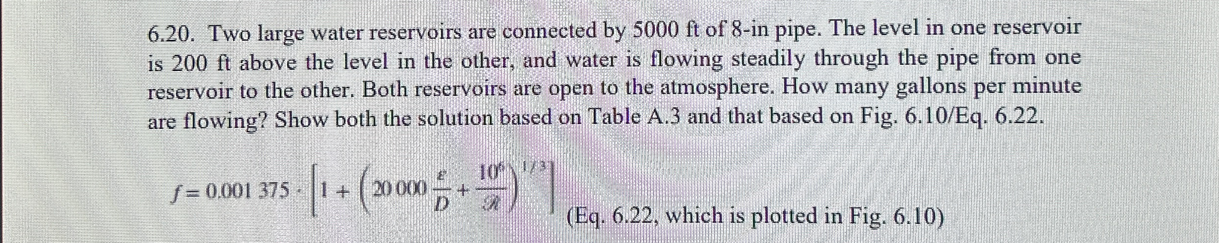 Solved 6.20. ﻿Two large water reservoirs are connected by | Chegg.com