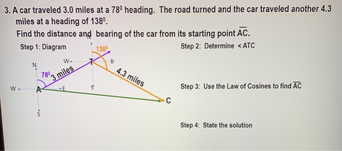 Solved 3. A car traveled 3.0 miles at a 78 heading. The Chegg