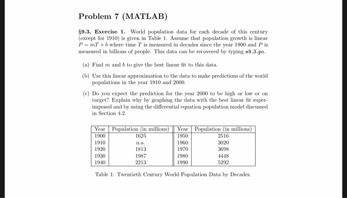 Solved Problem 7 (MATLAB) §9.3, Exercise 1. World population | Chegg.com