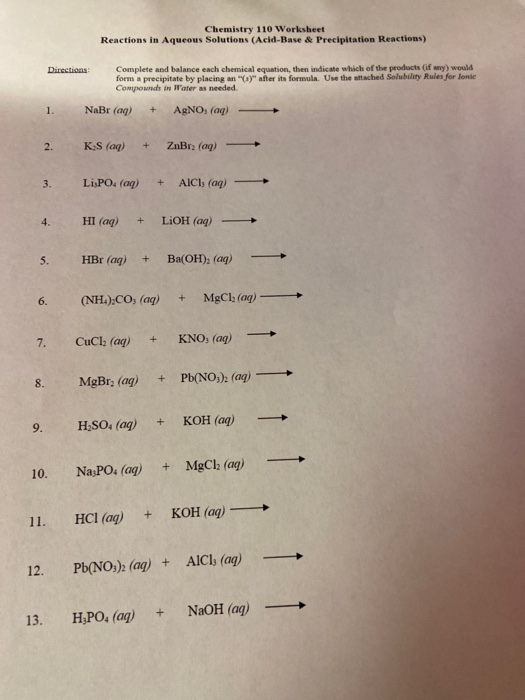 Acid Base Reactions Worksheet