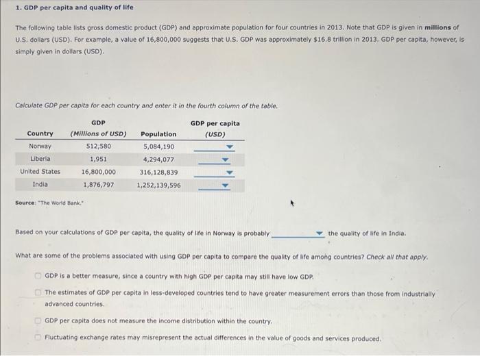 Solved 1. GDP per capita and quality of life The following | Chegg.com
