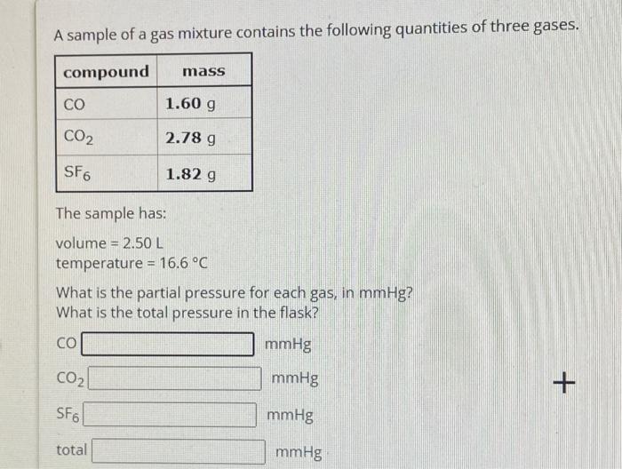 A sample of a gas mixture contains the following quantities of three gases.
The sample has:
volume \( =2.50 \mathrm{~L} \)
te