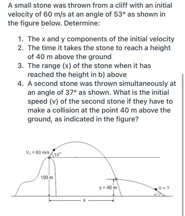 Solved A small stone was thrown from a cliff with an initial | Chegg.com