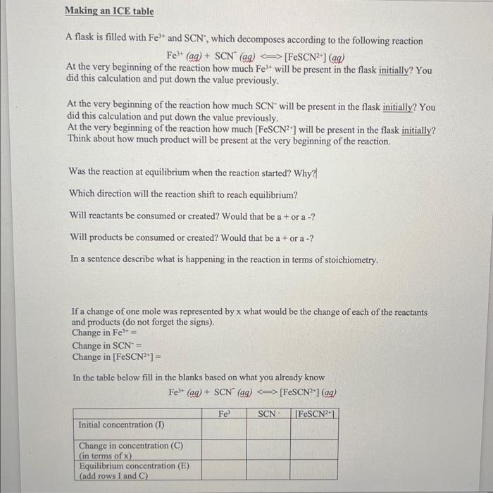 Solved Making an ICE table A flask is filled with Fe3+ and