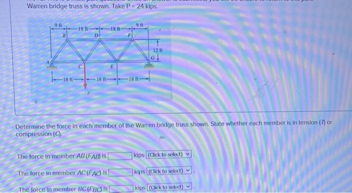 Solved Warren bridge truss is shown. Take P = 24 kips. 9 18 | Chegg.com