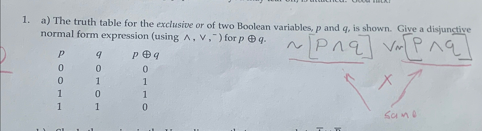 Solved a) ﻿The truth table for the exclusive or of two | Chegg.com
