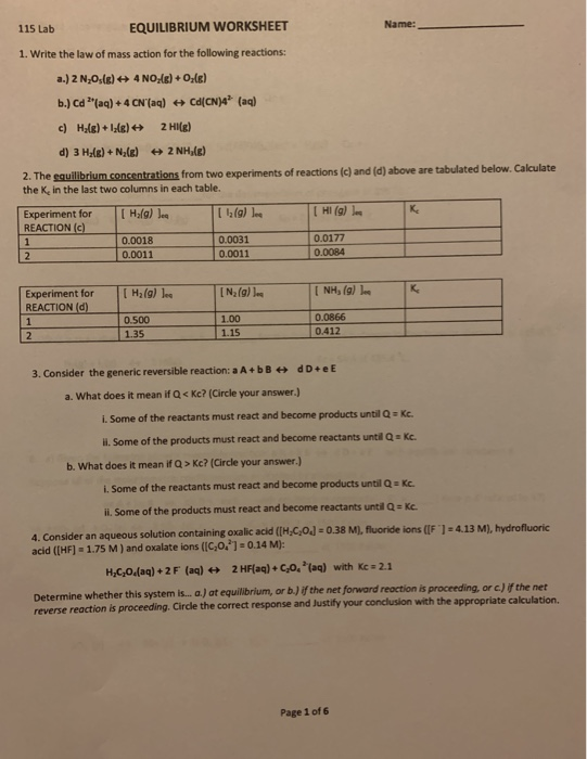 115 Lab Equilibrium Worksheet 1 Write The Law Of Chegg 