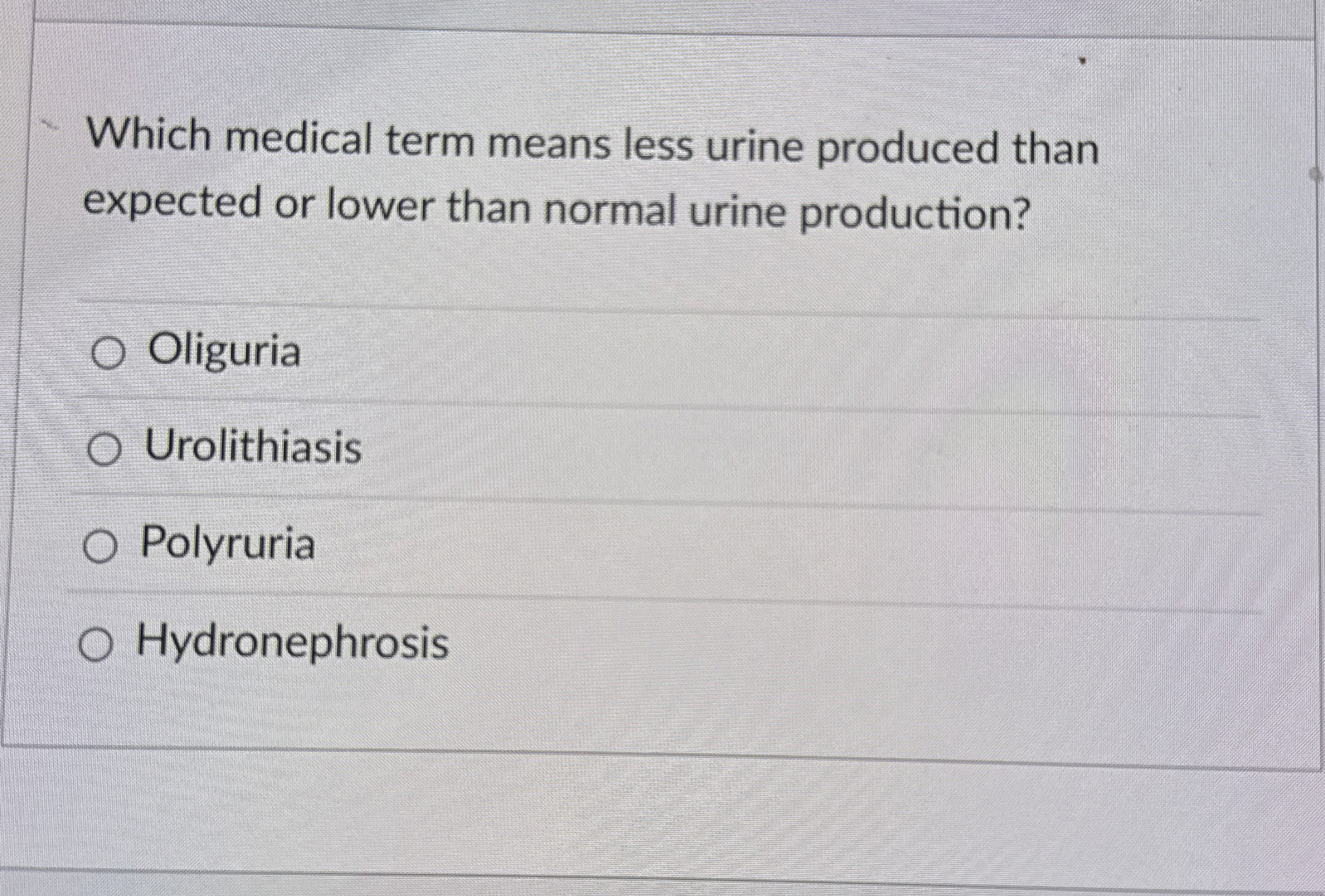 Solved Which medical term means less urine produced | Chegg.com