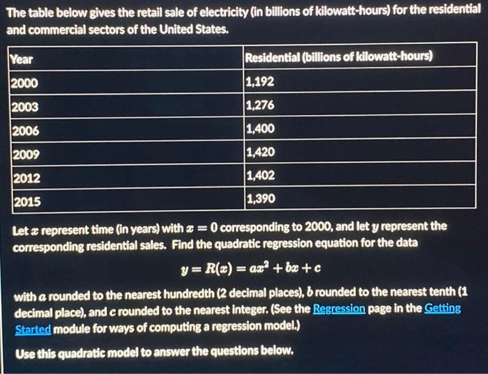 Solved The table below gives the retail sale of electricity | Chegg.com