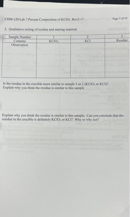 CHM-120 Lab 7 Percent Composition of KC1O3 Rev2-17mo | Chegg.com