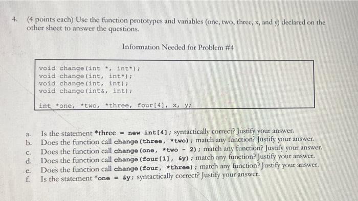 Solved 4. (4 points each) Use the function prototypes and | Chegg.com