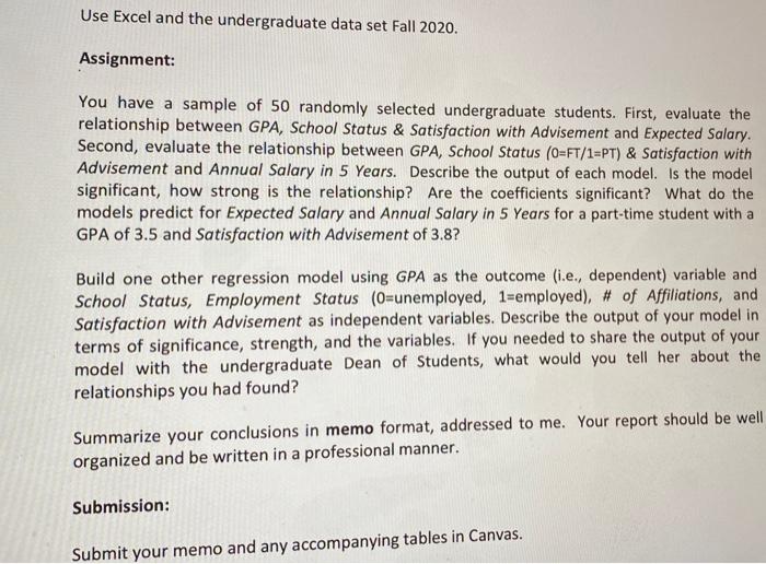 Use Excel And The Undergraduate Data Set Fall 2020 Chegg Com   Image