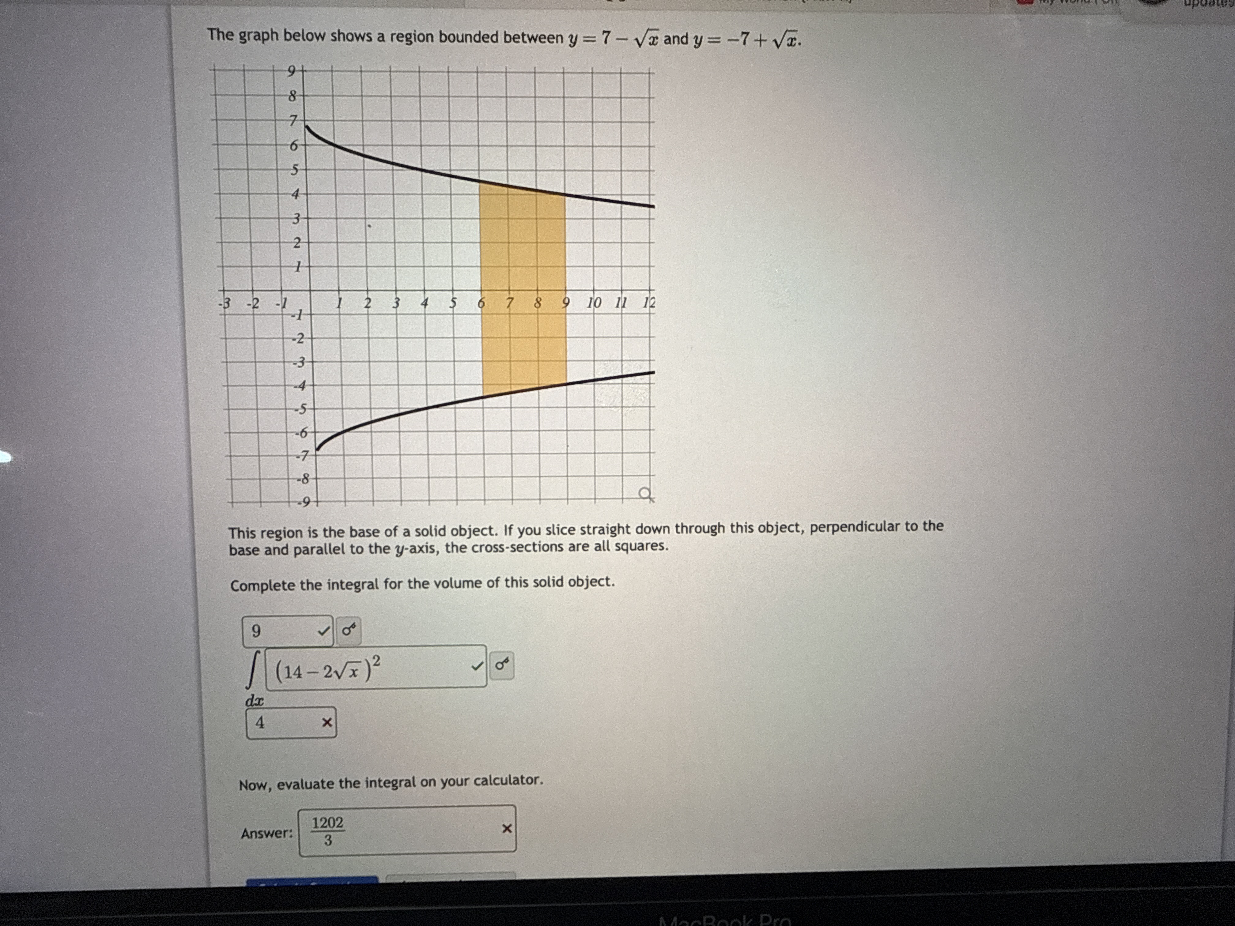 Solved The graph below shows a region bounded between y=7-x2 | Chegg.com