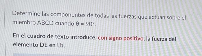 Determine las componentes de todas las fuerzas que actúan sobre el miembro \( A B C D \) cuando \( \theta=90^{\circ} \). En e