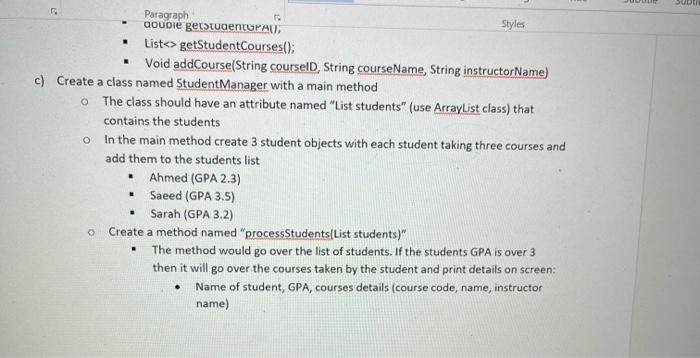 Solved FO Paragraph Styles . o . a) Create a Java Class | Chegg.com