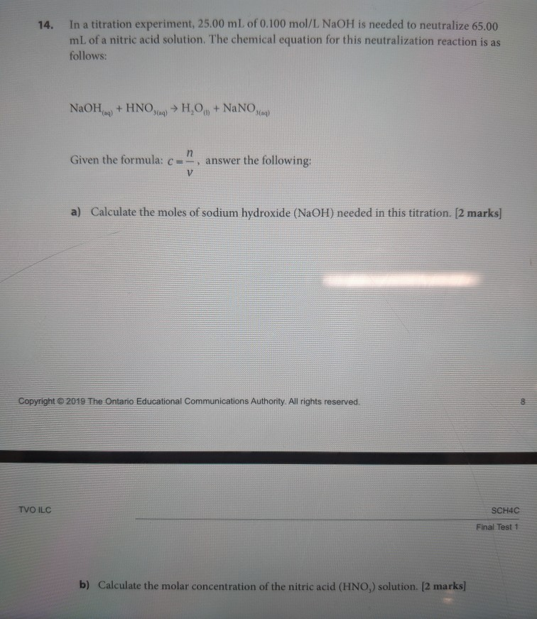 Solved 14. In a titration experiment, 25.00 mL of 0.100 | Chegg.com