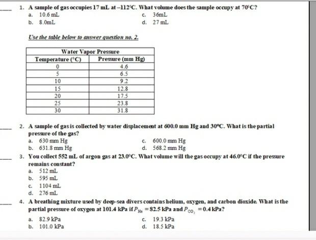 Solved 1. A sample of gas occupies 17 mL at-112C. What | Chegg.com